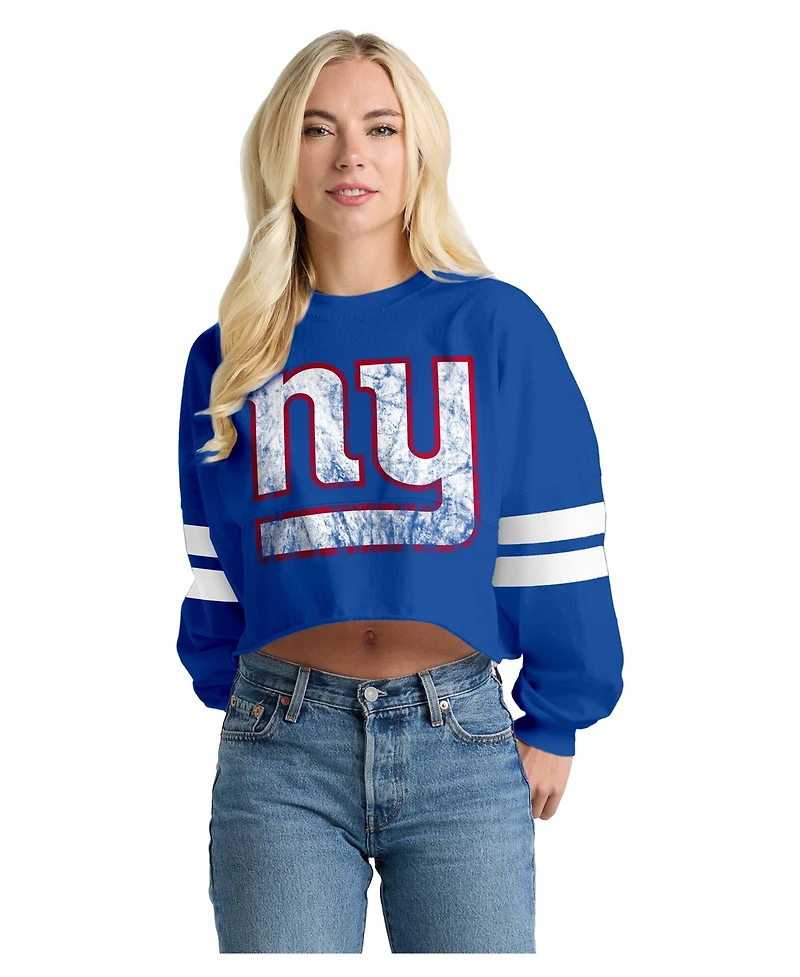 Spirit Jersey Women's Royal New York Giants Oversized Cropped Stripe Long Sleeve T-Shirt