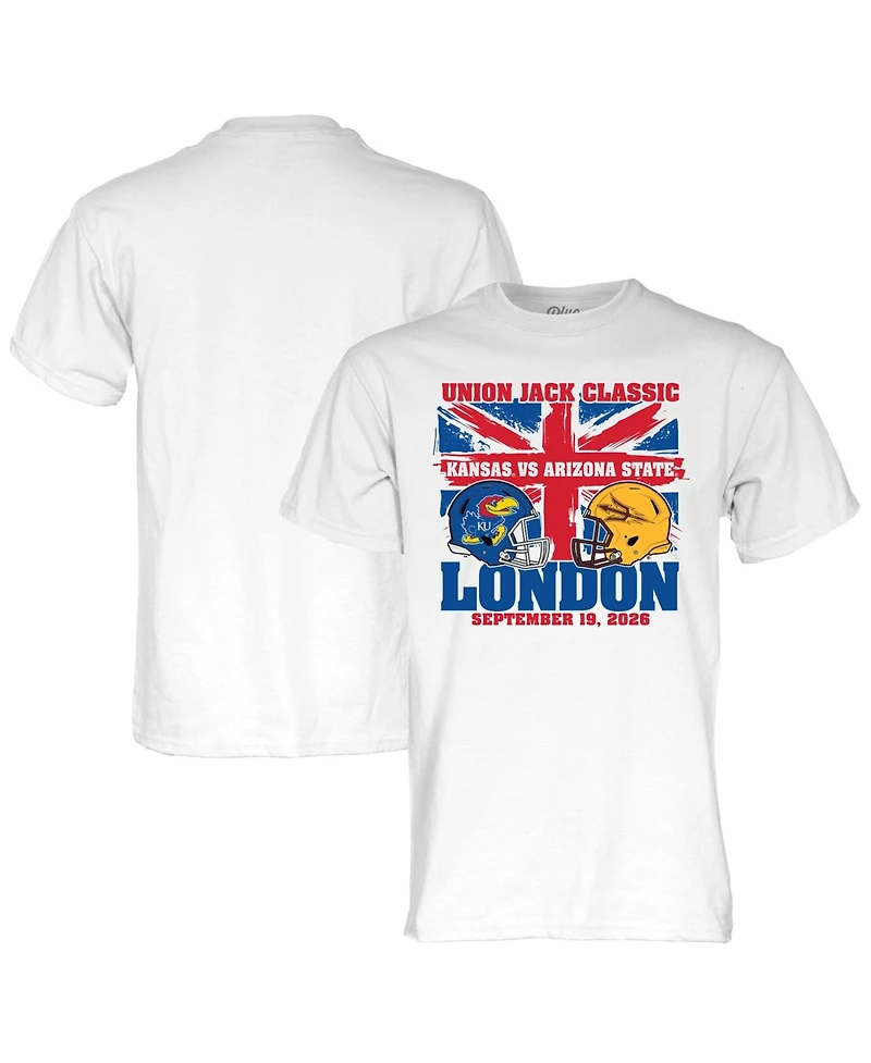 Blue 84 Men's and Women's White Kansas Jayhawks vs. Arizona State Sun Devils 2026 Union Jack Classic Matchup T-Shirt