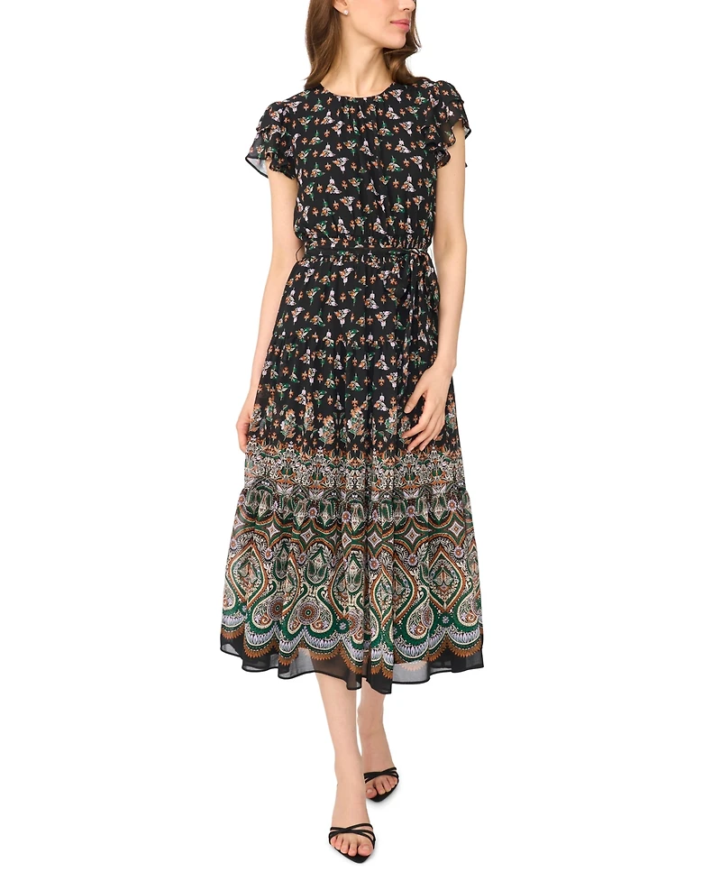 CeCe Women's Flutter-Sleeve Tie-Waist Midi Dress
