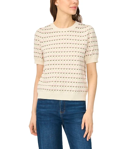 CeCe Women's Flower Pointelle Crewneck Short-Sleeve Cotton Sweater