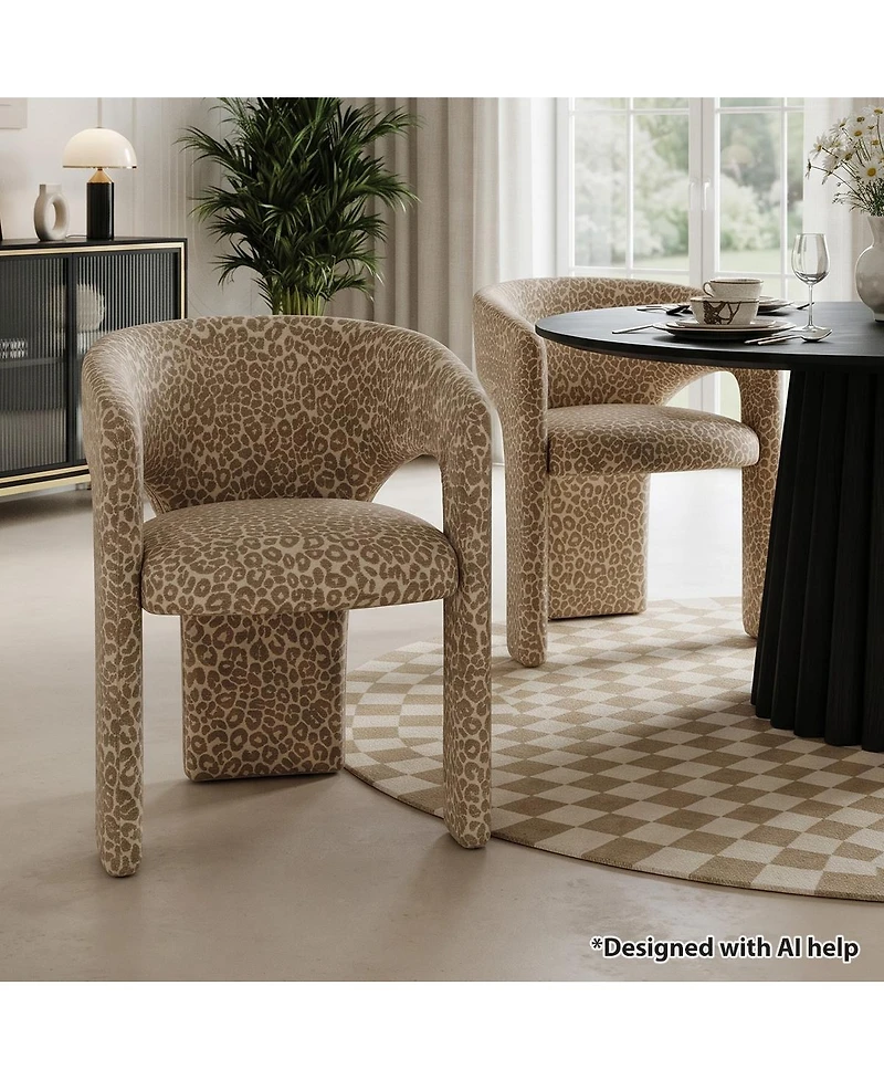 Maison Boucle Leopard Print Upholstered Dining Arm Chair Set of 2, Fabric, Curved Back, Padded Seat, Open Back Accent Seating