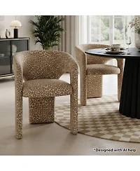 Maison Boucle Leopard Print Upholstered Dining Arm Chair Set of 2, Fabric, Curved Back, Padded Seat, Open Back Accent Seating