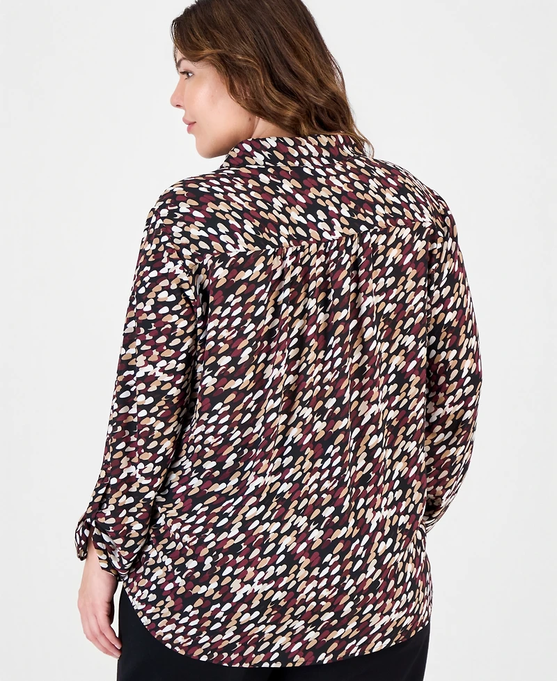 Anne Klein Essentials Plus V-Neck Long Roll-Tab Sleeves Blouse