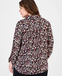 Anne Klein Essentials Plus V-Neck Long Roll-Tab Sleeves Blouse