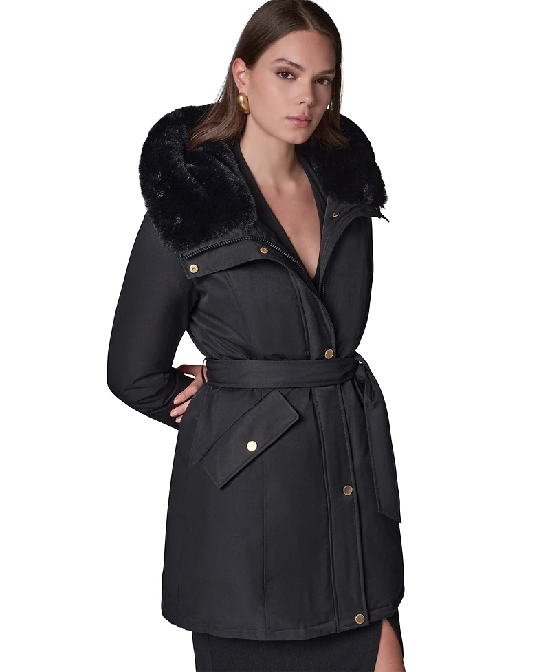 Donna Karan New York Women's Belted Hooded Mid-Length Puffer Coat