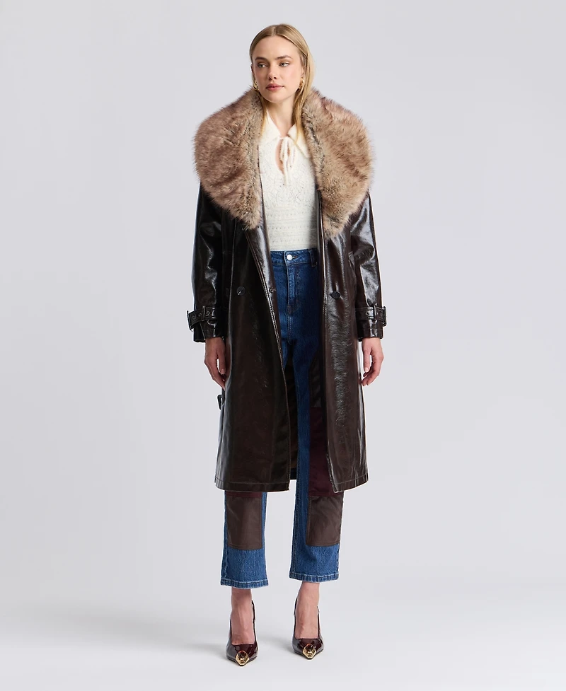Avec Les Filles Women's Pleather Trench Coat with Fur Collar