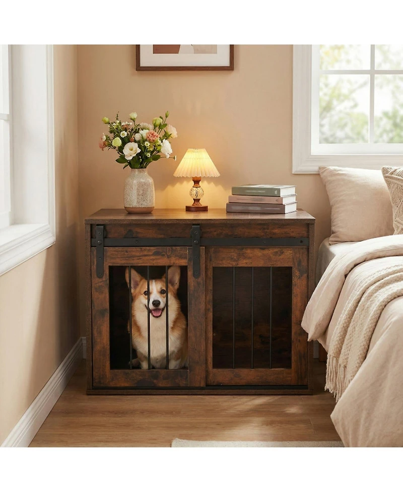 Hongge Heavy-Duty Dog Crate Furniture with Sliding Barn Door Metal Windows and Tabletop