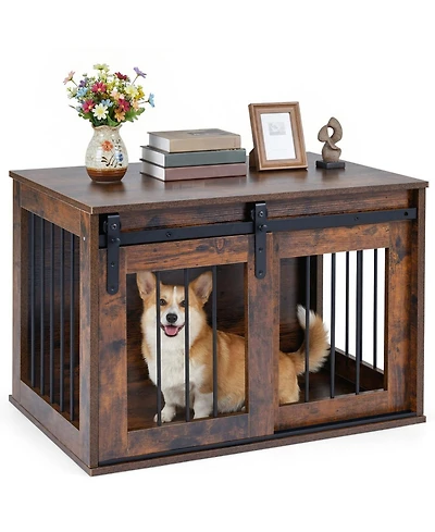 Hongge Heavy-Duty Dog Crate Furniture with Sliding Barn Door Metal Windows and Tabletop
