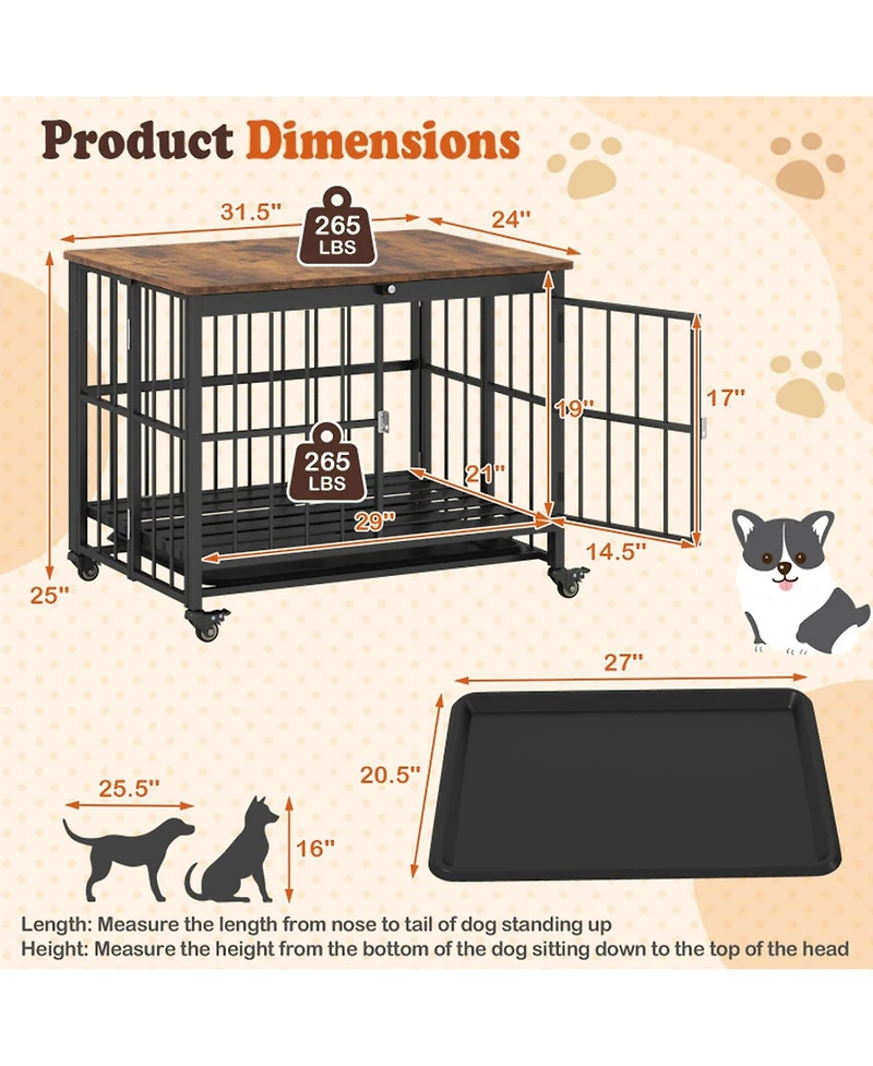 Hongge Foldable Dog Crate Furniture with Removable Tray Lockable Door and Rolling Wheels