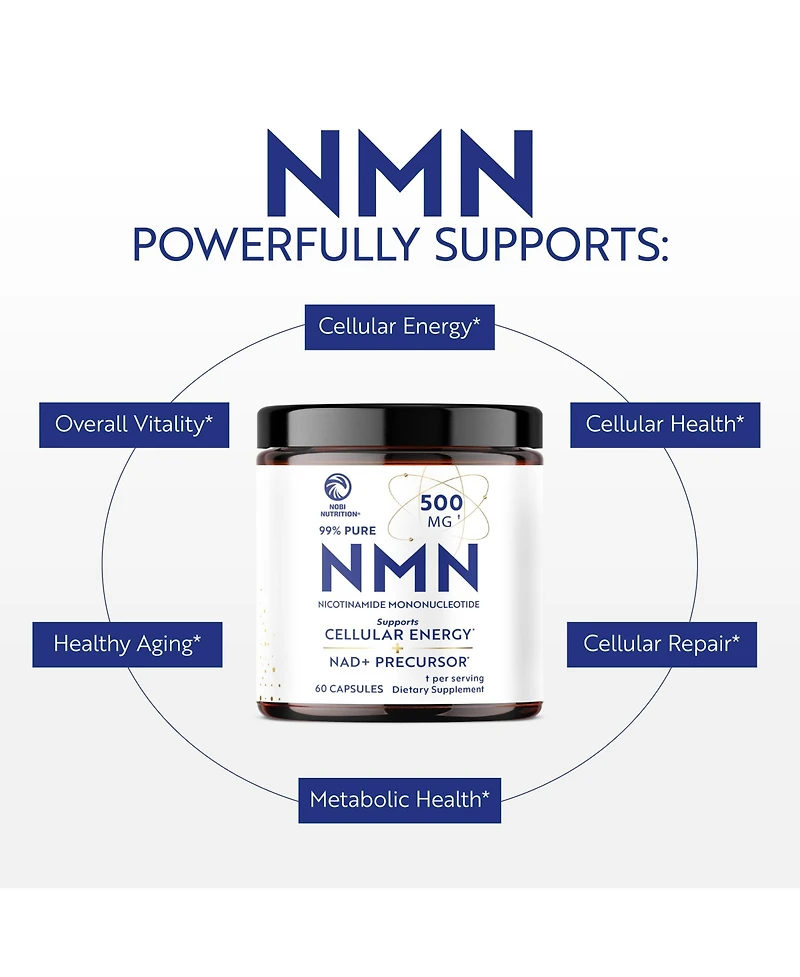 Nobi Nutrition Nmn Supplement 500mg, Pure Nicotinamide Mononucleotide for Cellular Energy, Longevity, Repair, and Healthy Aging Support 60 Count