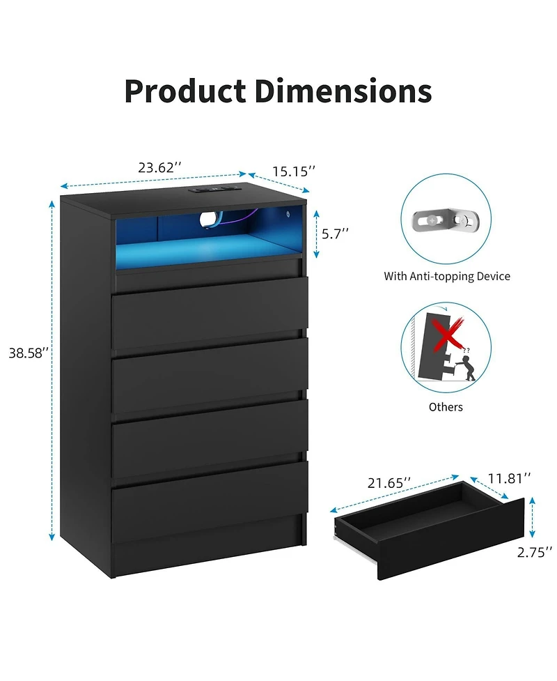 homfan Set of 2 Chest of Drawers With 4 Drawers, Modern Chest With Led Lighting and Usb Charging Station, Storage Cabinet For Living Room and Bedroom