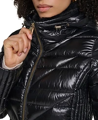 Karl Lagerfeld Paris Women's Short Hooded Faux Fur Collar Puffer Jacket