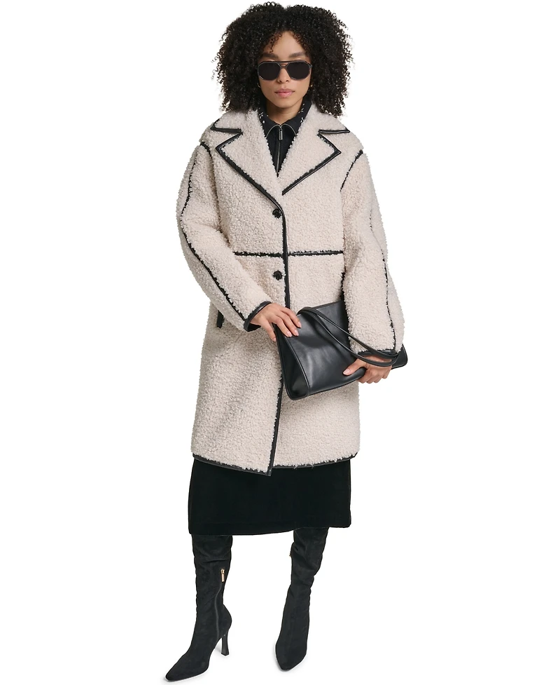 Karl Lagerfeld Paris Women's Faux-Leather-Trim Teddy Coat