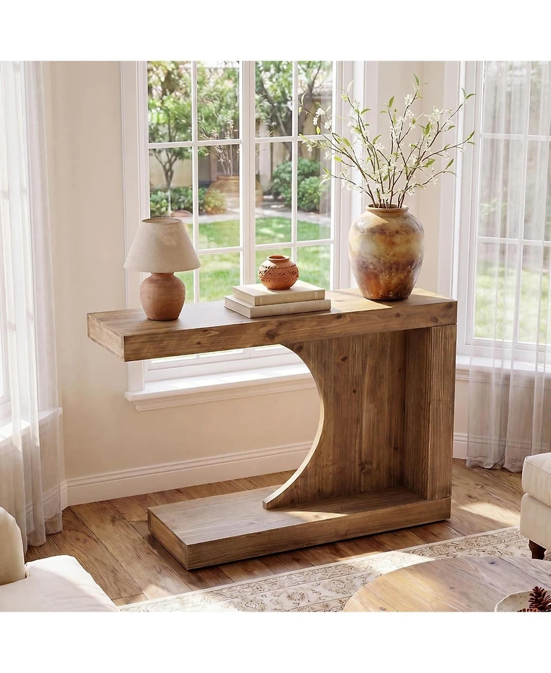 Tribesigns 39.4" C-Shaped Solid Wood Console Table, Mid-Century Modern Wood Entryway Table, Unique Entry Accent Table