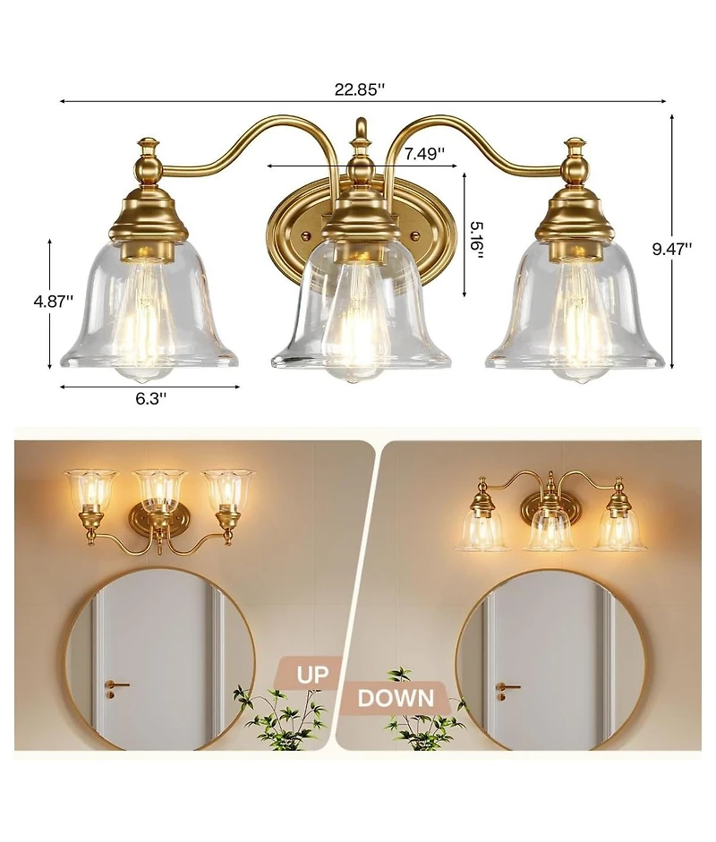 Tribesigns 3-Light Bathroom Light Fixtures, Modern Vanity Light with Clear Glass Shade, Bathroom Wall Lamp (Bulbs Not Included)
