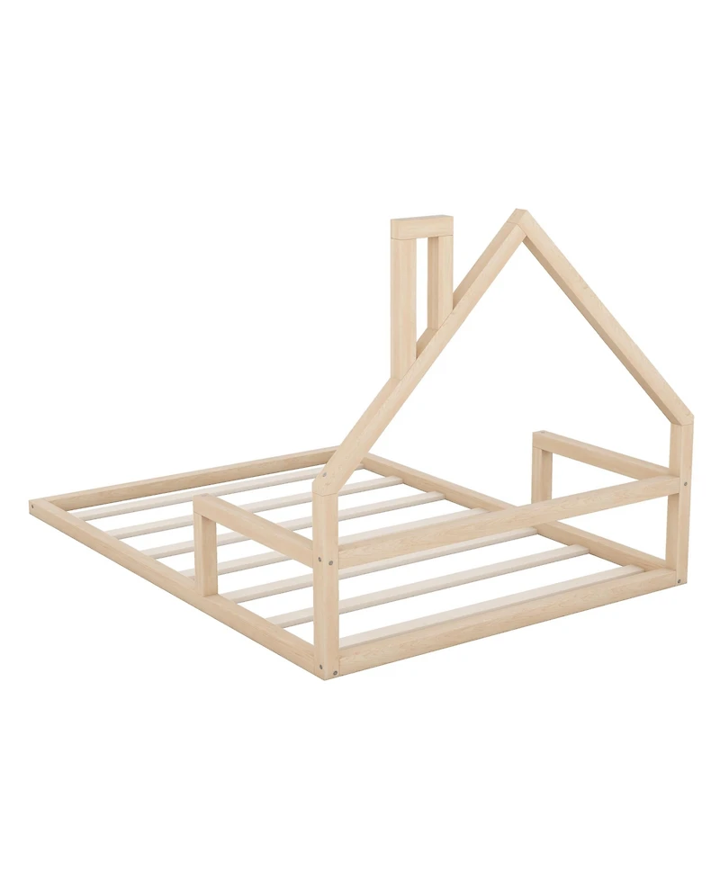 Sailvan Full Wood Floor Bed Frame with House-Shaped Headboard Chimney