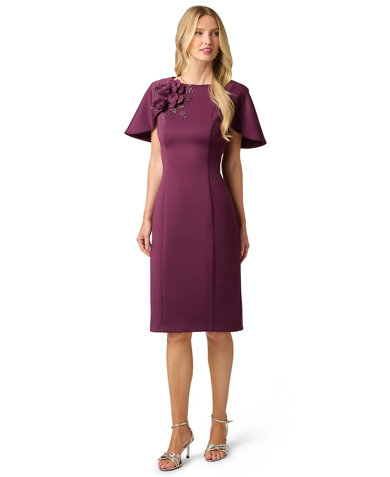 Adrianna Papell Women's 3D Floral Cape-Sleeve Stretch Sheath Dress