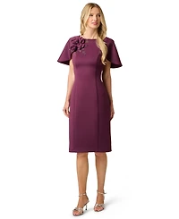 Adrianna Papell Women's 3D Floral Cape-Sleeve Stretch Sheath Dress
