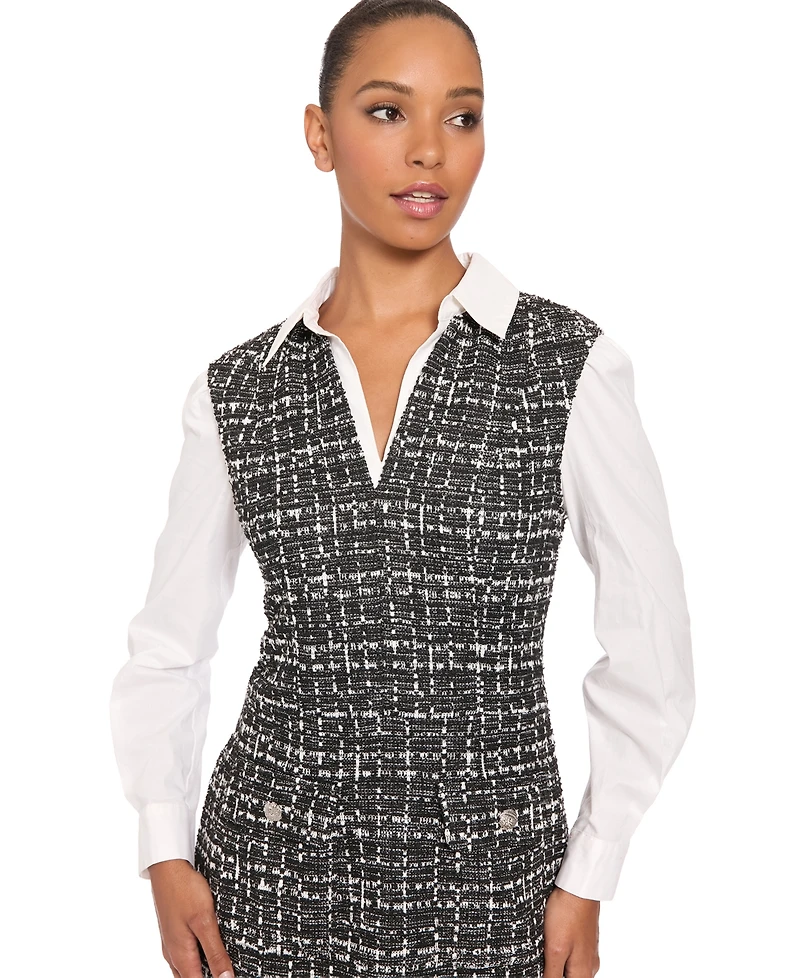 London Times Women's Collared Long-Sleeve Plaid Dress