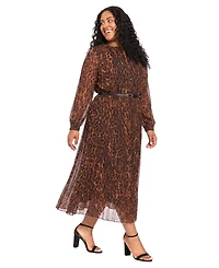 London Times Plus Pleated Skirt Belted Mid Animal-Print Chiffon Dress
