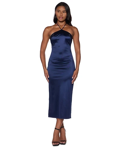 B Darlin Juniors' Stone-Embellished Halter Neck Satin Midi Dress