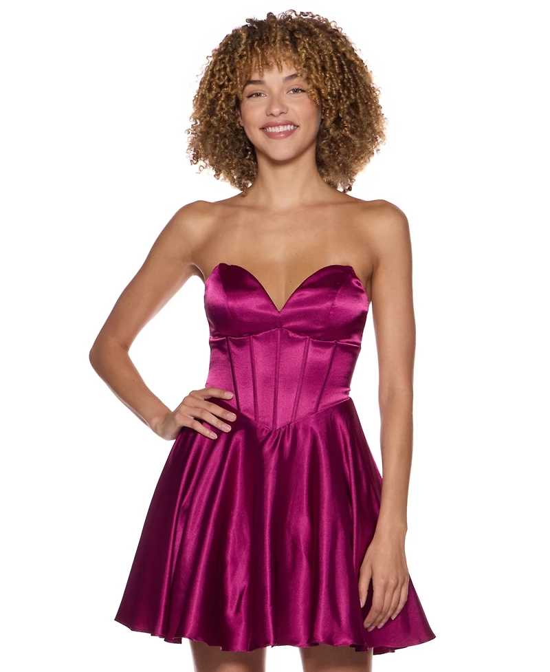 B Darlin Juniors' Satin Strapless Sweetheart Neck Corset Bodice Dress