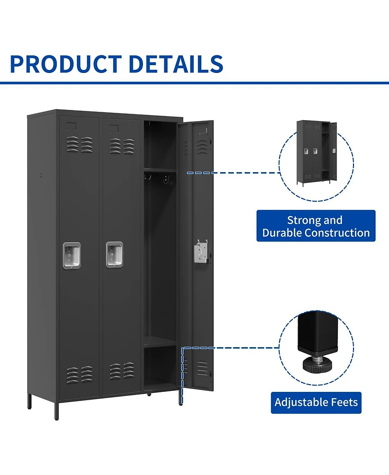 Streamdale Furniture 3-Door 72"H Metal Storage Locker for Office, Gym, and Home