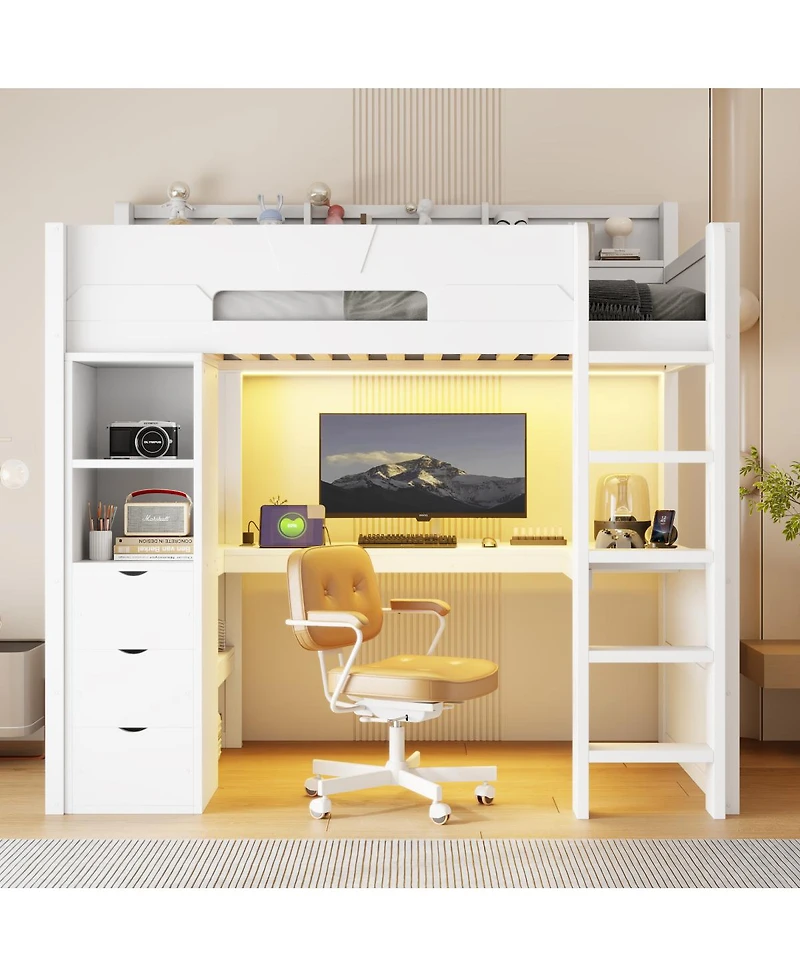 Streamdale Furniture Twin Wooden Gaming Loft Bed with Desk, Rgb Lights, Usb, and Storage