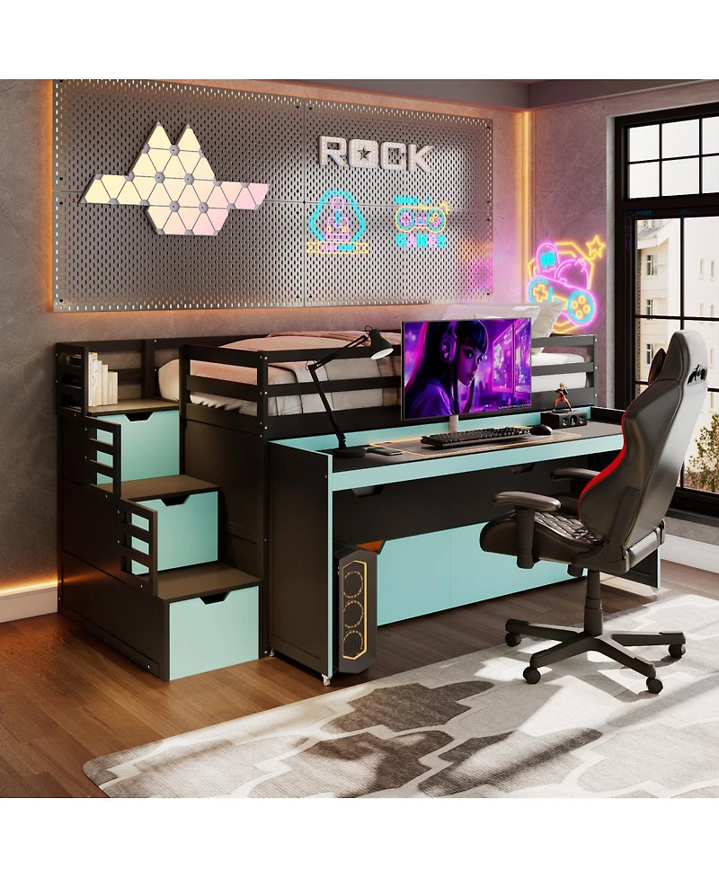 Streamdale Furniture Loft Bed with Desk, Trundle, Storage Steps, and Drawers