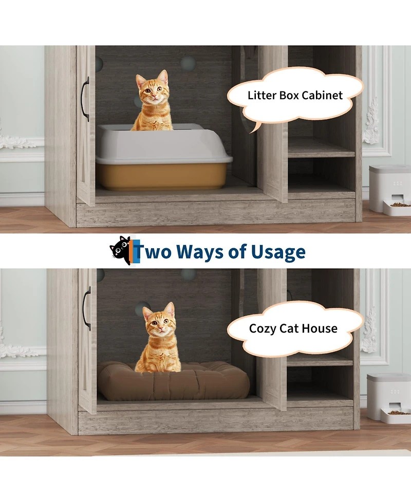 homfan Double Cat Litter Box Enclosure – Modern Hidden Wooden Washroom Cabinet with Divider and Mark Mat, Multi-Functional Indoor House Bench