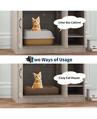 homfan Double Cat Litter Box Enclosure – Modern Hidden Wooden Washroom Cabinet with Divider and Mark Mat, Multi-Functional Indoor House Bench