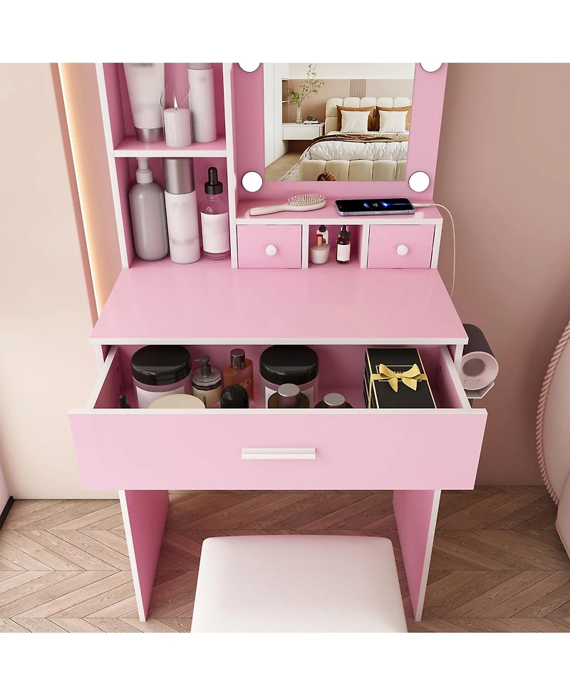 Streamdale Furniture Vanity Table with Led Mirror, Power Outlet, Hairdryer Holder and Stool