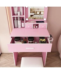 Streamdale Furniture Vanity Table with Led Mirror, Power Outlet, Hairdryer Holder and Stool