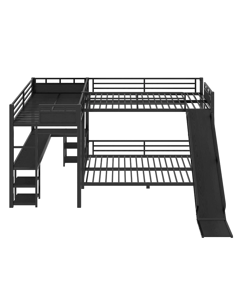 Streamdale Furniture L-Shaped Metal Triple Bunk Bed with Desk, Storage, and Slide