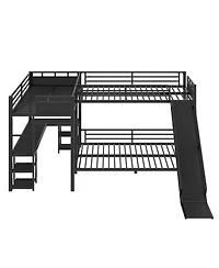 Streamdale Furniture L-Shaped Metal Triple Bunk Bed with Desk, Storage, and Slide