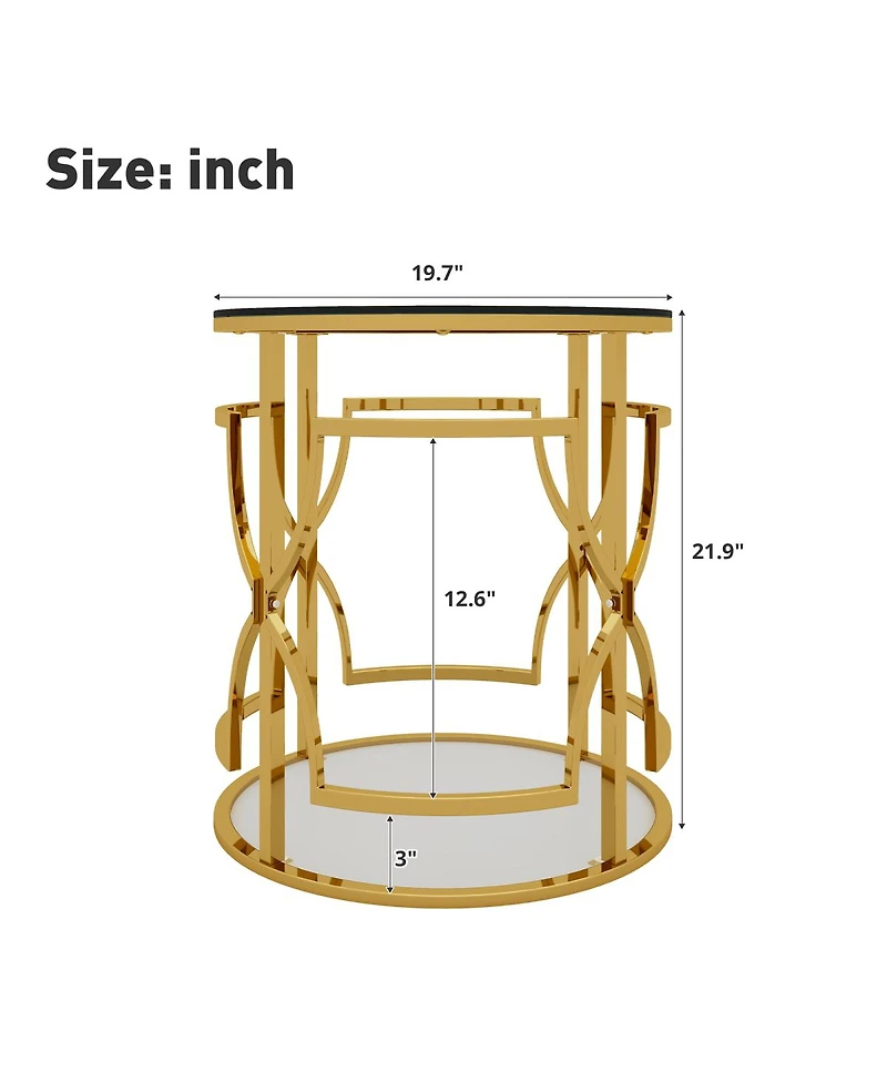 Streamdale Furniture 19.7" Luxury Round Side Table with Tempered Glass Top and Storage Shelf