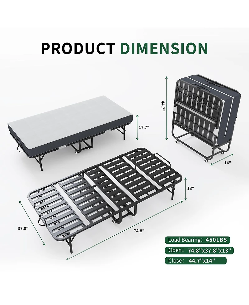 Streamdale Furniture Extra Long 75" x 38" Folding Guest Bed with 5" Memory Foam Mattress, 450lbs Cap
