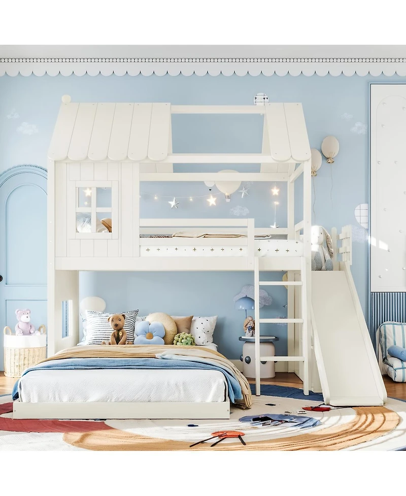 Streamdale Furniture Twin over Full House Bunk Bed with Slide, Storage
