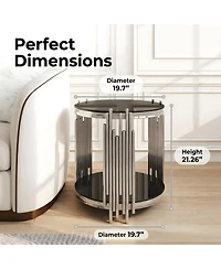 Streamdale Furniture 19.7" 2-Tier Round Glass End Table with Stainless Steel Legs