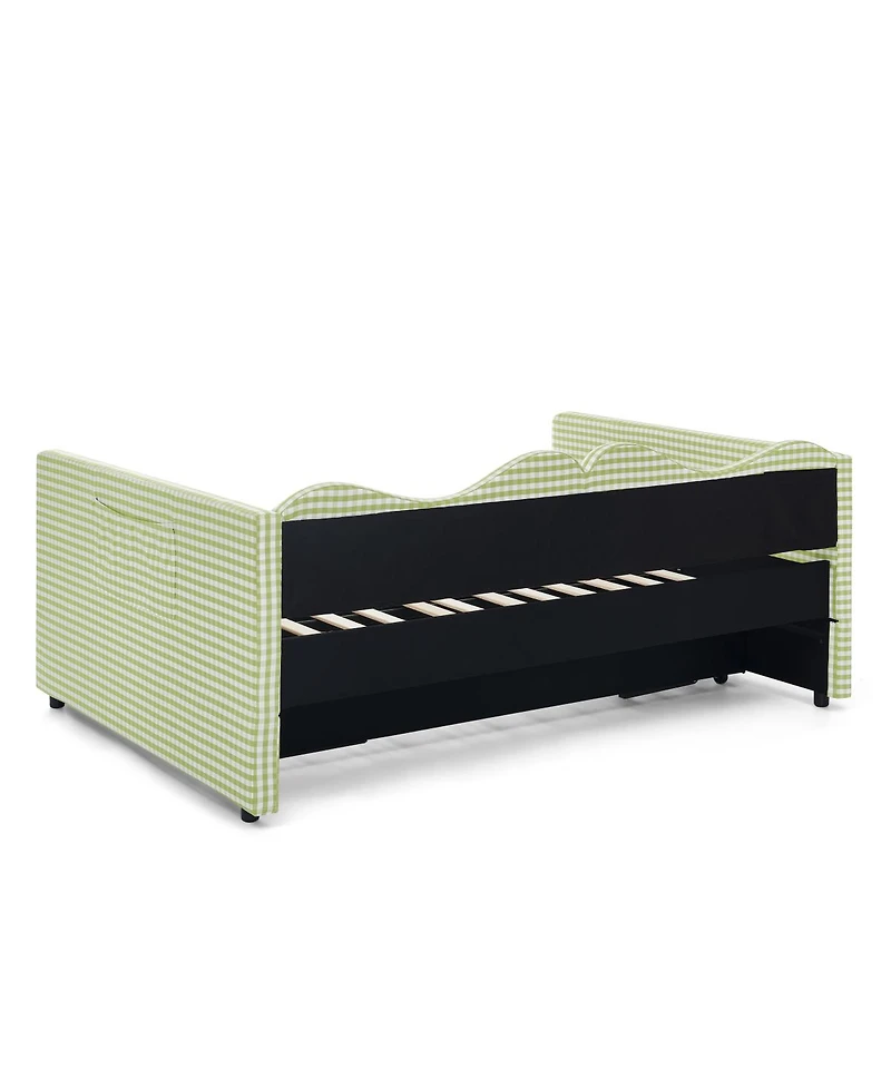 Streamdale Furniture Gingham Upholstered Full-Size Daybed with Trundle and Side Storage Pocket