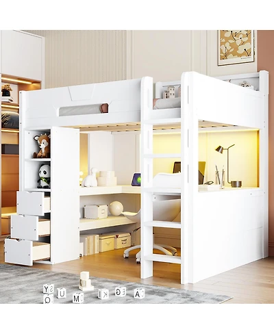 Streamdale Furniture Full Size Wooden Gaming Loft Bed with Desk, Rgb Lights and Storage
