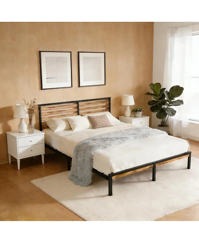 Streamdale Furniture Full Size Metal Platform Bed Frame with Wood Headboard and Under Bed Storage