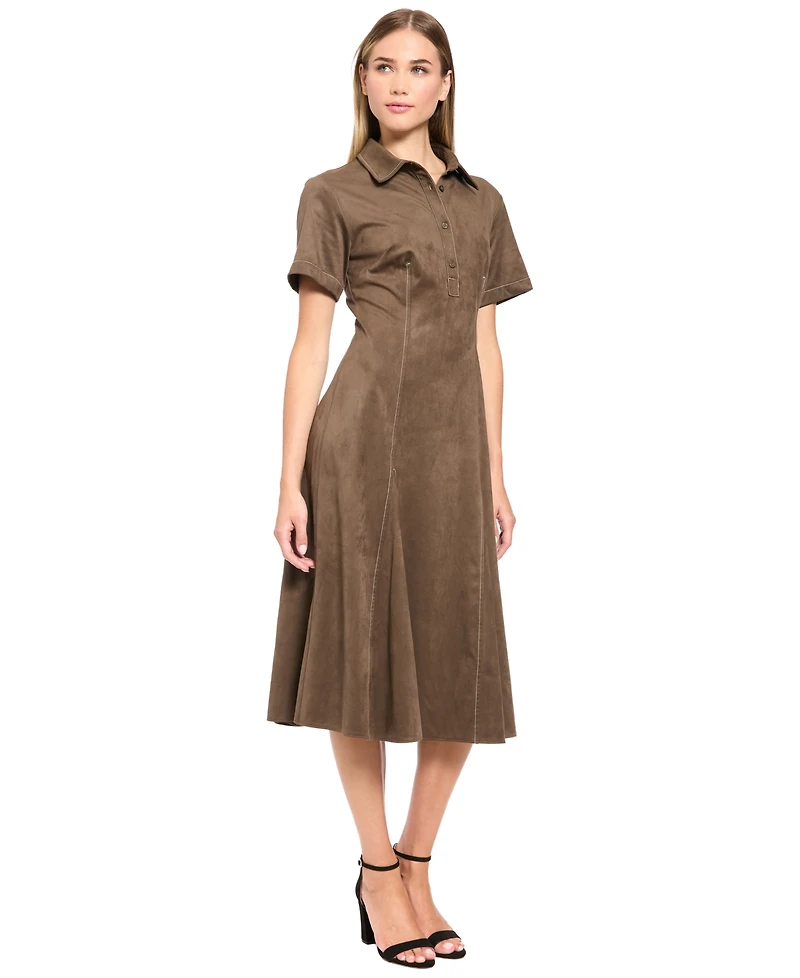 Luxely Women's Collared Button-Front A-Line Midi Dress