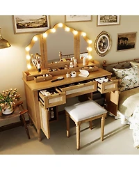 Streamdale Furniture Makeup Vanity Desk with Tri-Fold Mirror, 13 Lights, 5 Drawers and Charging Station