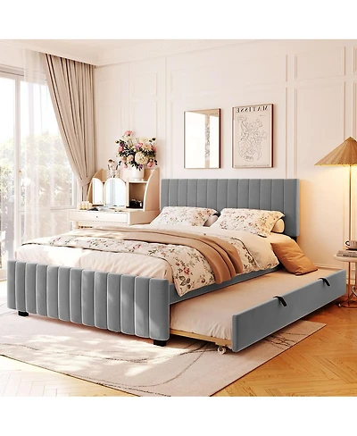 Streamdale Furniture Queen Size Velvet Upholstered Platform Bed with Twin Xl Size Trundle