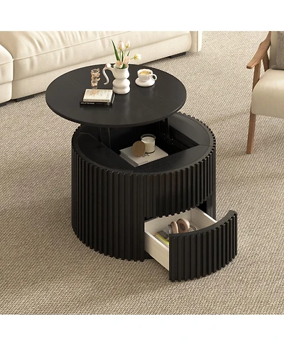 Streamdale Furniture Round Fluted Wood Lift Top Coffee Table with Hidden Storage