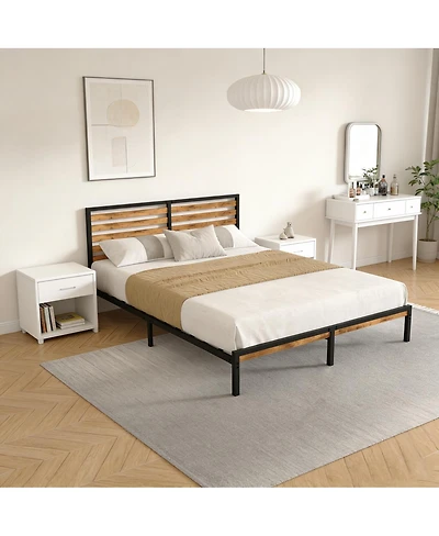 Streamdale Furniture Queen Size Metal Platform Bed Frame with Wood Headboard and Under-Bed Storage