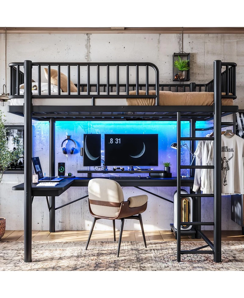 Streamdale Furniture Loft Bed with L-Shaped Desk, Led Lights, and Charging Station
