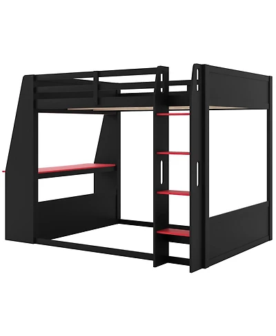 Streamdale Furniture Full Size Wooden Gaming Bunk Bed with Desk, Two Storage Shelves, Usb and Led Light