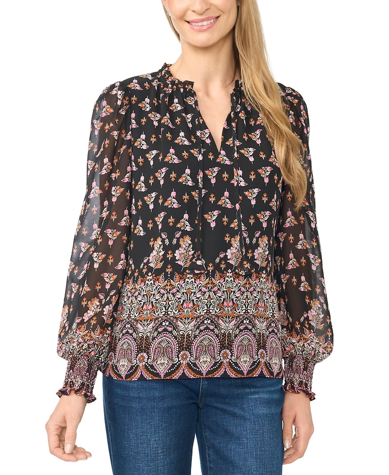CeCe Women's V-Neck Keyhole-Tie Ruffle Long-Sleeve Blouse
